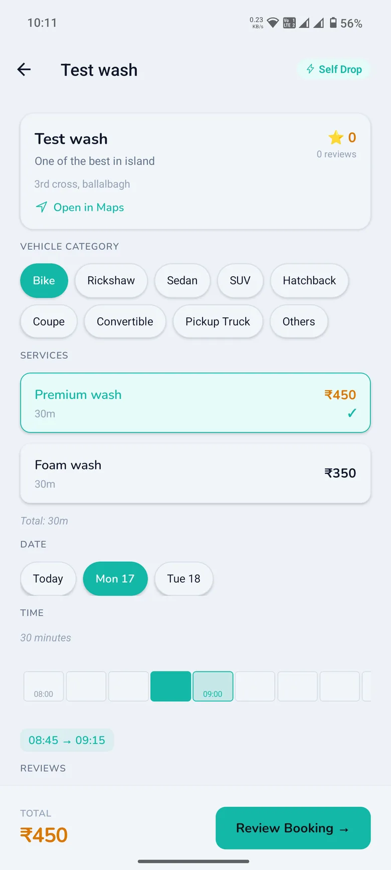 Booking a vehicle wash slot in the WashPot customer app