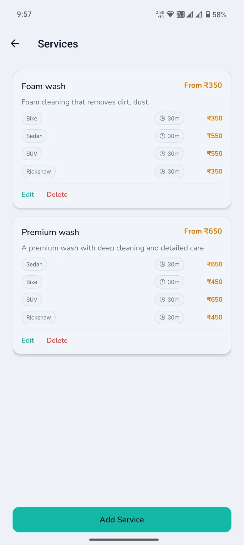 Viewing configured services and pricing in the WashPot provider app